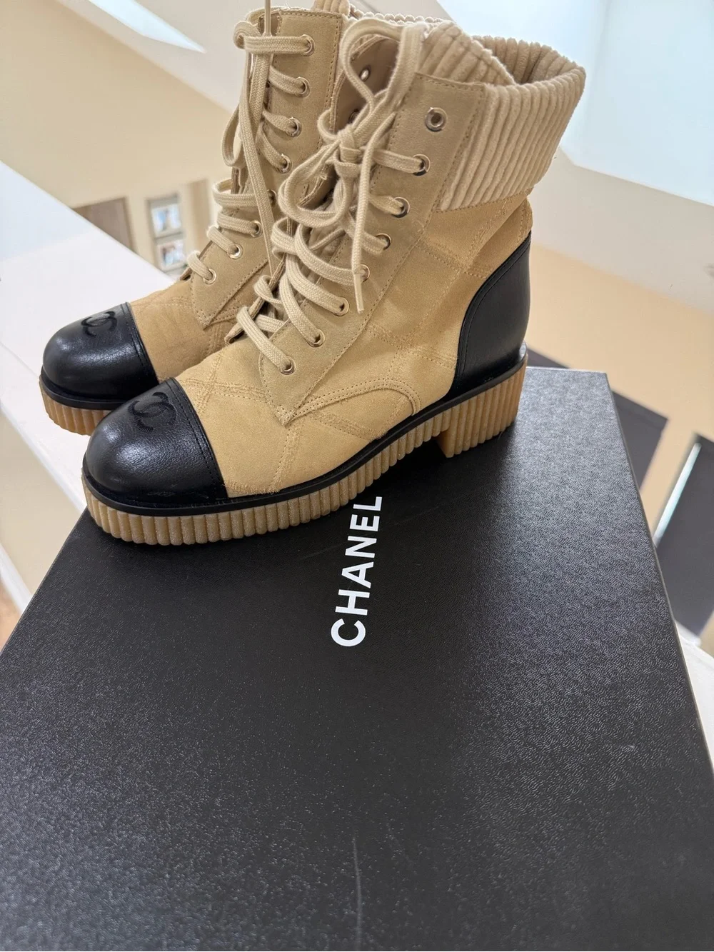 CHANEL Beige Suede and Black Leather Cap-Toe Lace-Up Boots